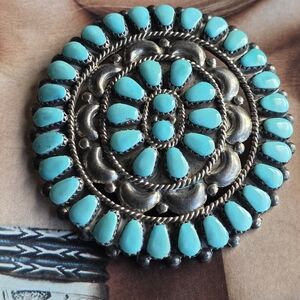 Turquoise and Silver Circular Brooch NATIVE MADE